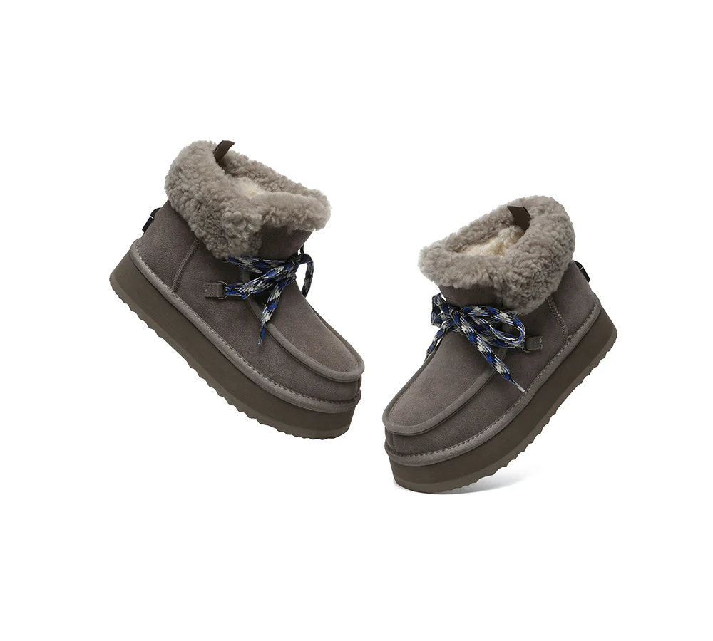 UGG EVERAU? UGG Boots Women Sheepskin Wool Lace Up Ankle Platform Honour