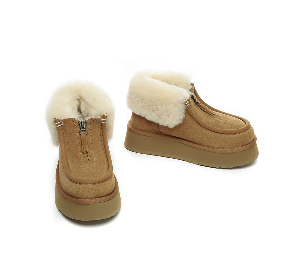 AUSTRALIAN SHEPHERD? UGG Boots Sheepskin Wool Collar Zipper Platform Ankle Boots