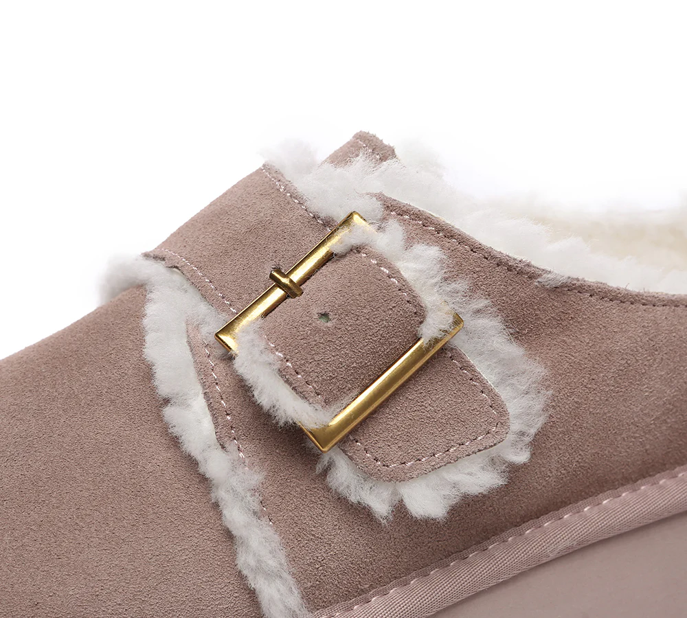 EVERAU? UGG Slippers Sheepskin Wool Adjustable Buckle Ankle Platform Tobias