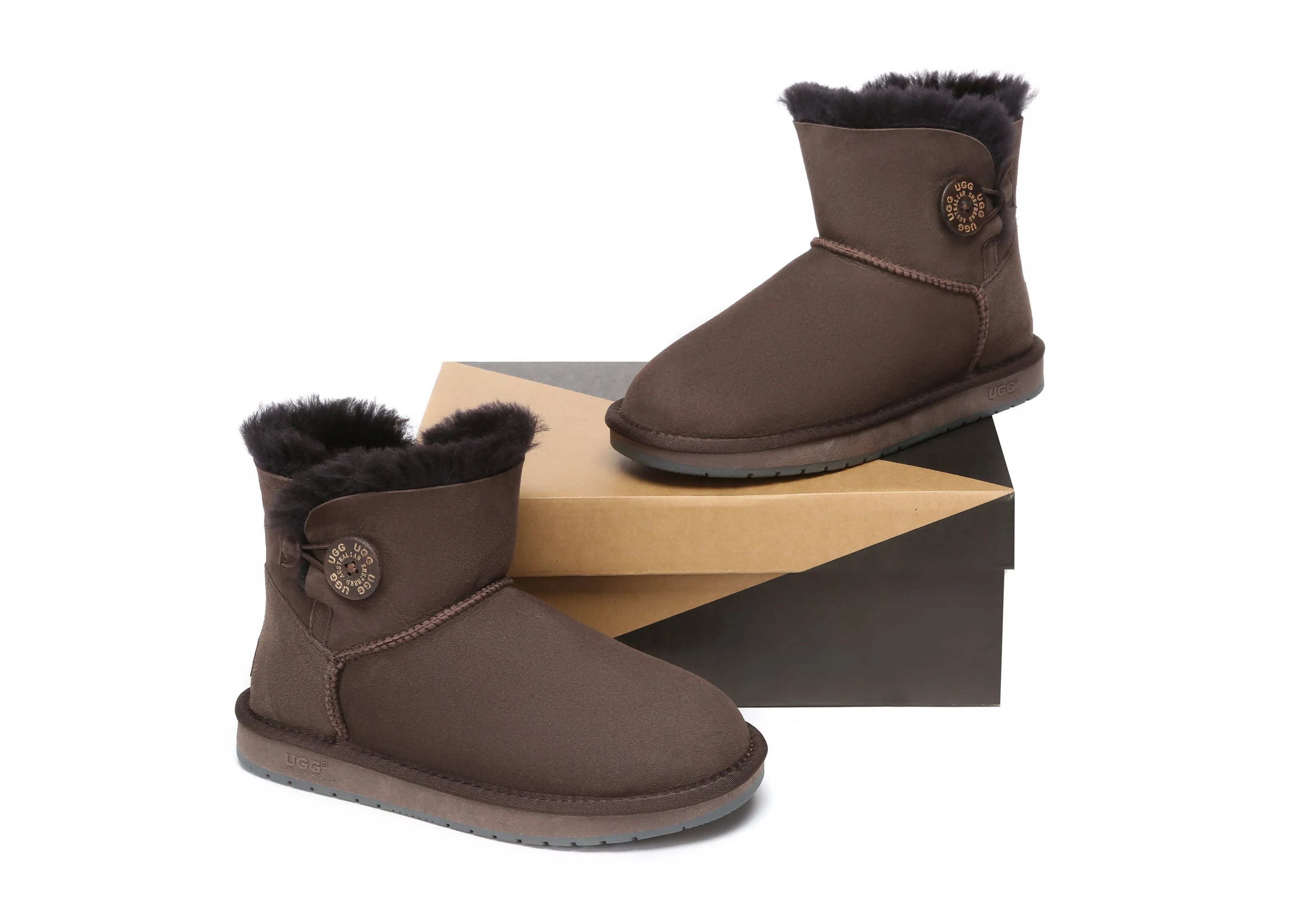 AUSTRALIAN SHEPHERD? UGG Boots Double Face Sheepskin Wool Mini Button