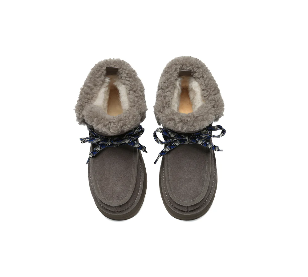 UGG EVERAU? UGG Boots Women Sheepskin Wool Lace Up Ankle Platform Honour