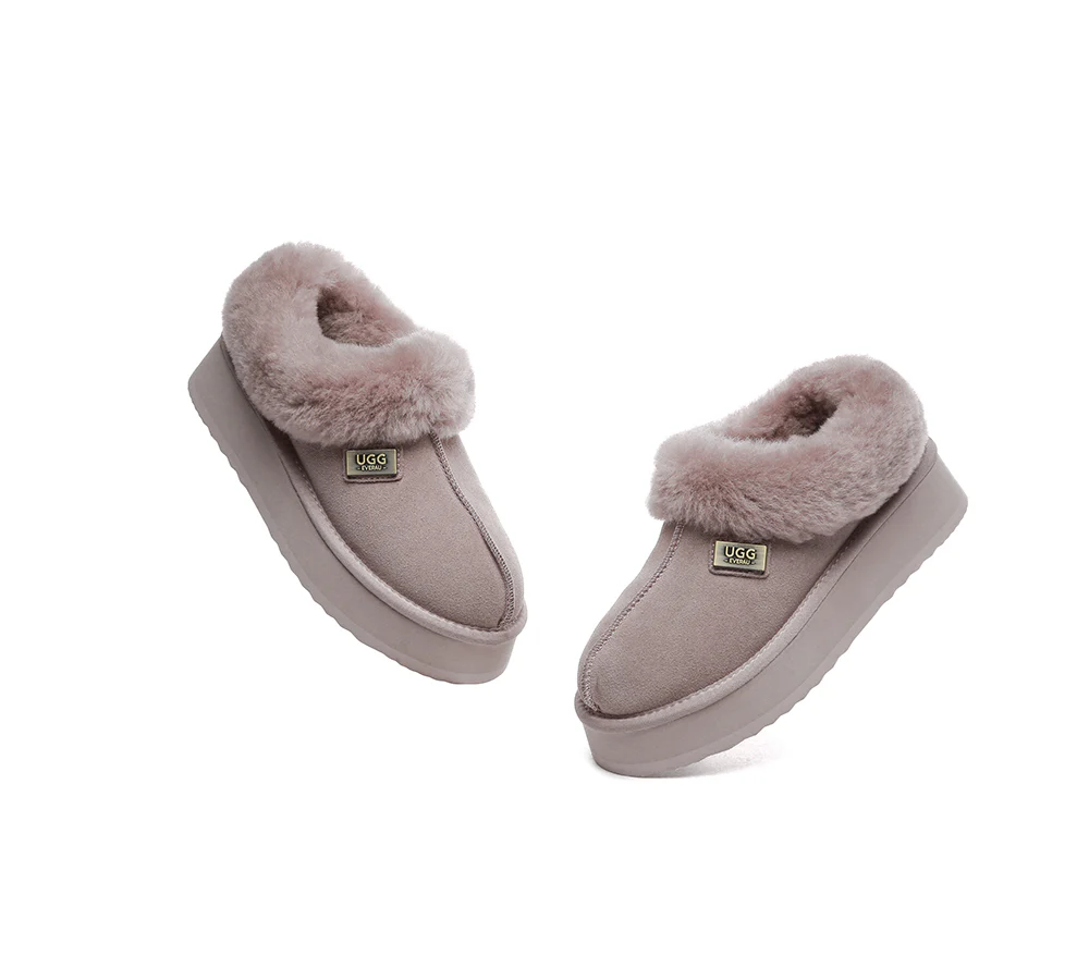 UGG EVERAU? UGG Slippers Women Sheepskin Wool Collar Ankle Platform Gabri