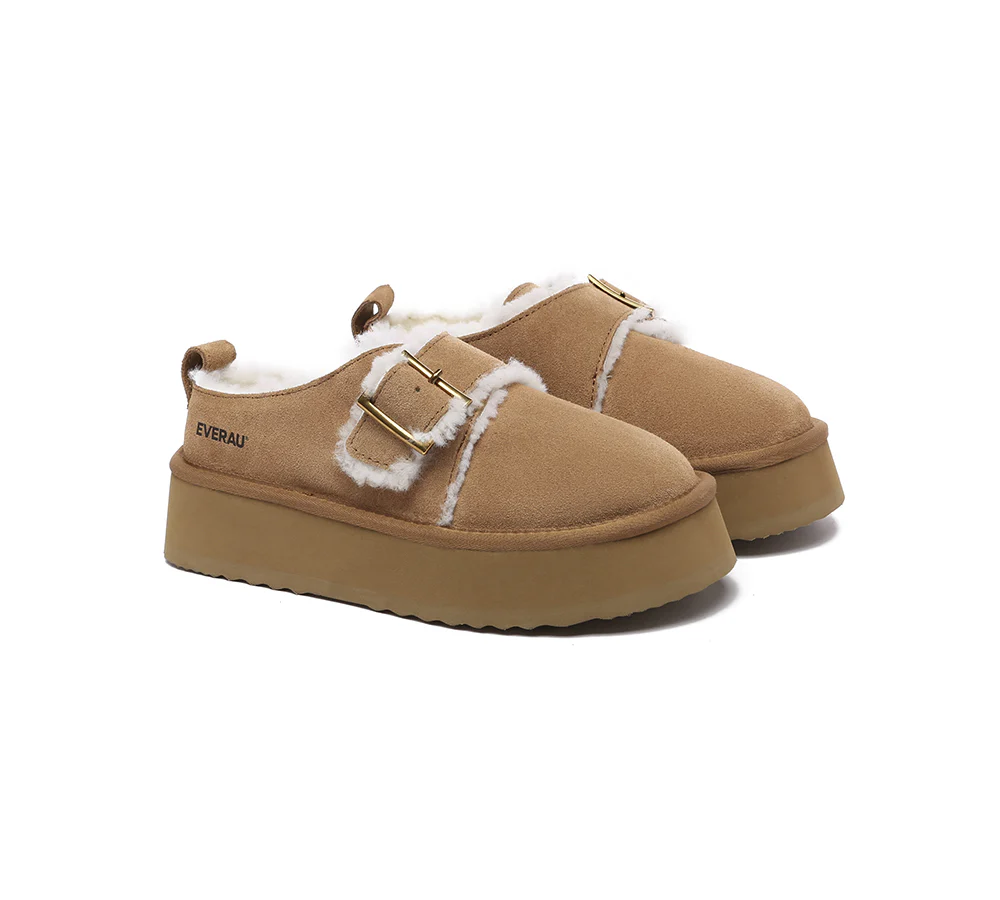 EVERAU? UGG Slippers Sheepskin Wool Adjustable Buckle Ankle Platform Tobias