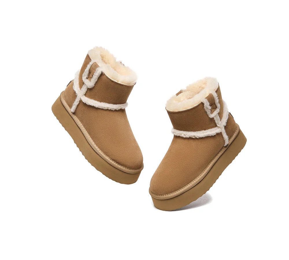 EVERAU? UGG Boots Women Sheepskin Wool Shearling Lined Ankle Platform Schunck