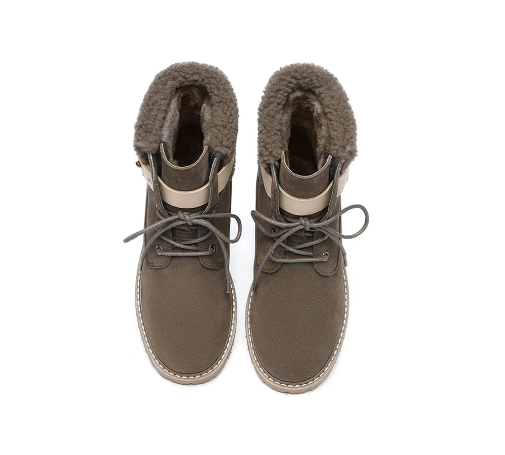 EVERAU? Women Sheepskin Wool Lace Up Fashion Boots Martin