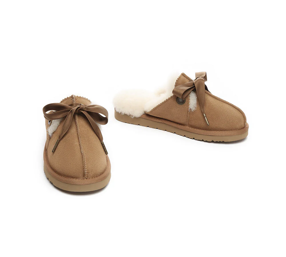 AUSTRALIAN SHEPHERD? UGG Slippers Women Sheepskin Wool Adjustable Ribbon Bow Ruby