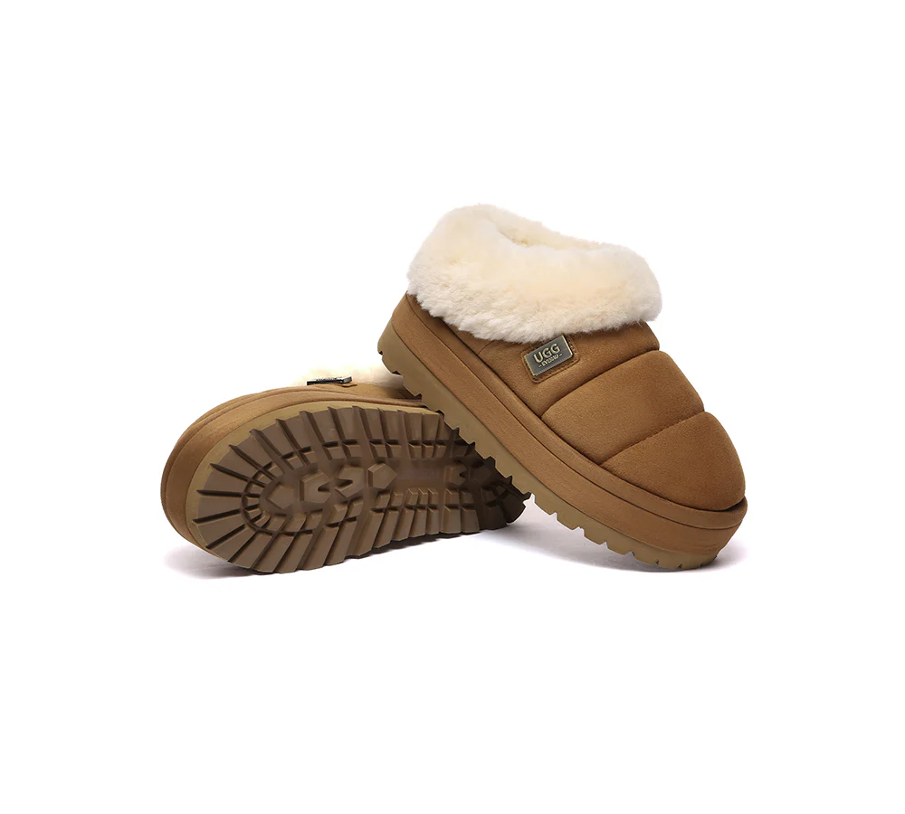UGG EVERAU? UGG Slippers Women Sheepskin Wool Collar Ankle Platform Ulrika