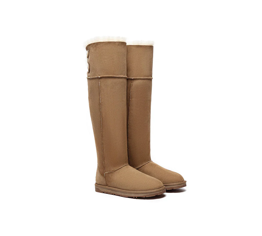 EVERAU? UGG Boots Women Double Faced Sheepskin Wool Tall Button Over-Knee Jenner