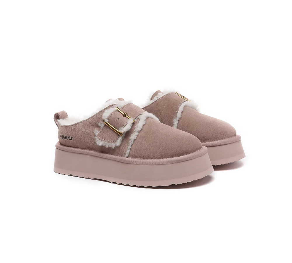 EVERAU? UGG Slippers Sheepskin Wool Adjustable Buckle Ankle Platform Tobias