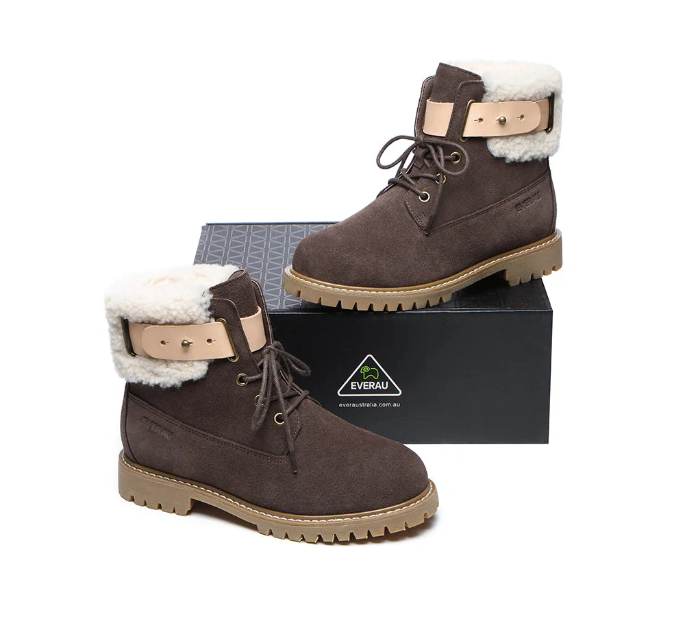 EVERAU? Women Sheepskin Wool Lace Up Fashion Boots Martin