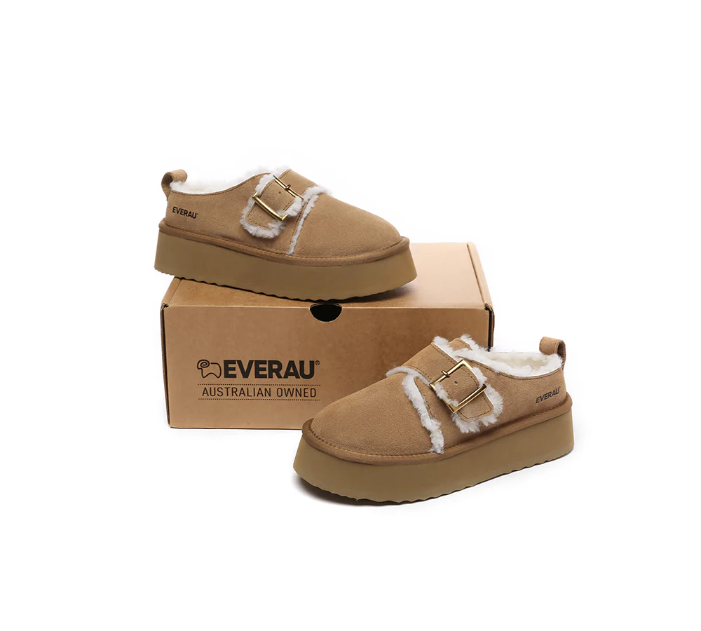 EVERAU? UGG Slippers Sheepskin Wool Adjustable Buckle Ankle Platform Tobias
