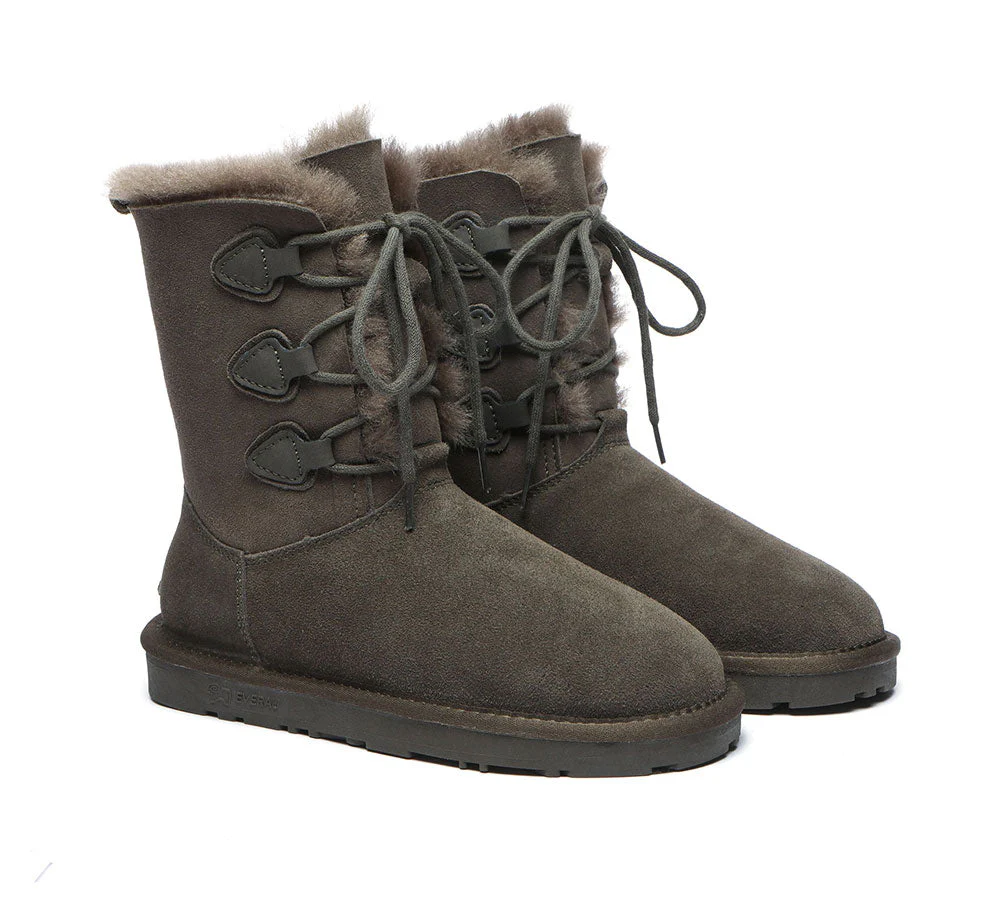 EVERAU? UGG Boots Women Sheepskin Wool Lace Up Tall Stark