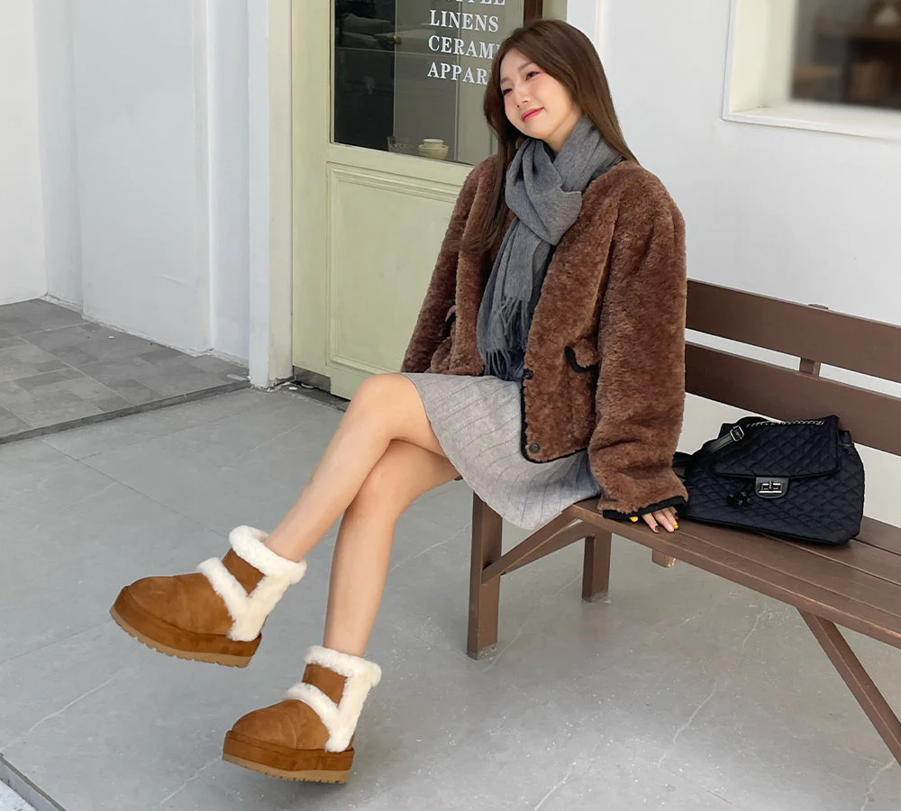 UGG EVERAU? UGG Boots Women Sheepskin Wool Shearling Lined Ankle Platform Udelia