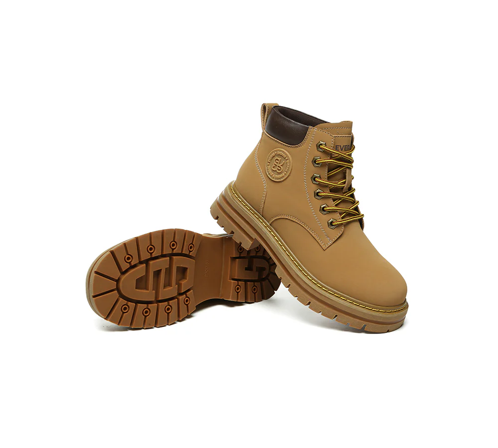 EVERAU? UGG Boots Women Leather Sheepskin Wool Lace Up Chunky Aubrey