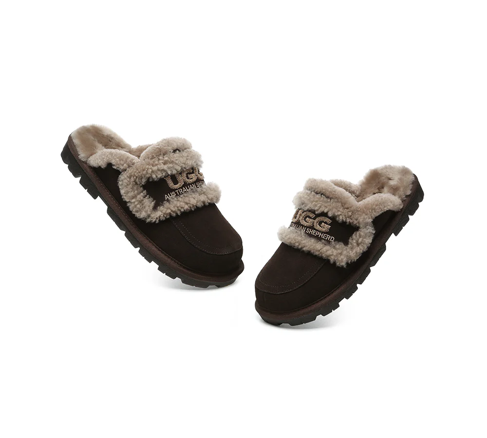 AUSTRALIAN SHEPHERD? UGG Slippers Women Sheepskin Wool Shearling Lined Rilee