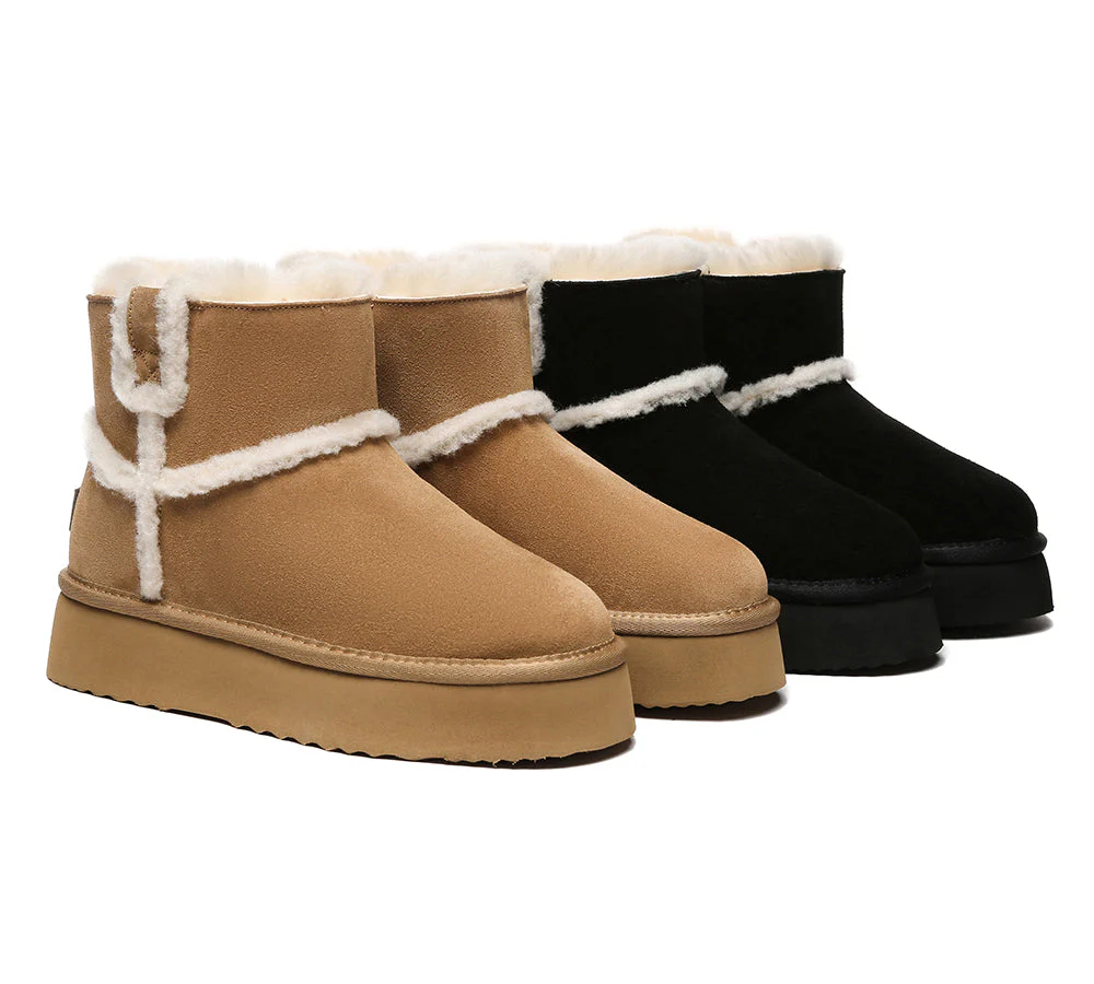EVERAU? UGG Boots Women Sheepskin Wool Shearling Lined Ankle Platform Schunck