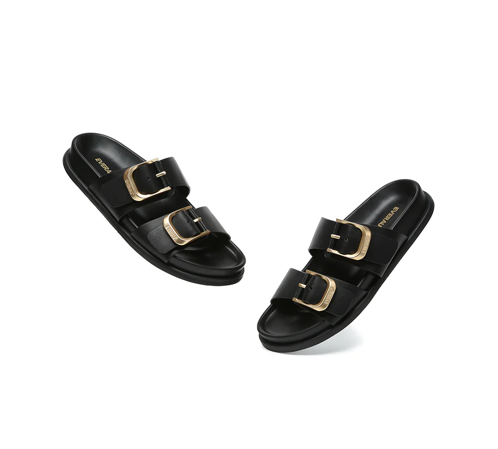 EVERAU? Women Double Adjustable Strap Buckle Flat Sandals Mounish