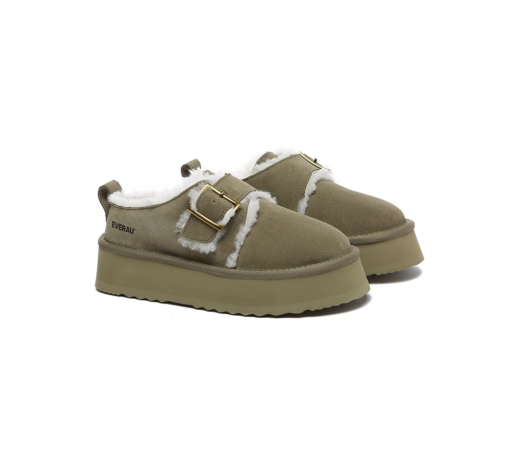 EVERAU? UGG Slippers Sheepskin Wool Adjustable Buckle Ankle Platform Tobias