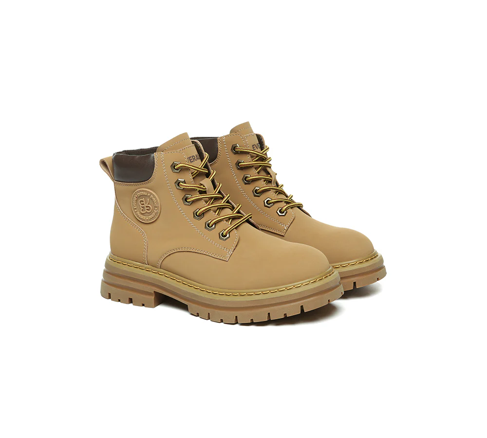 EVERAU? Women Leather Lace Up Chunky Boots Stephanie