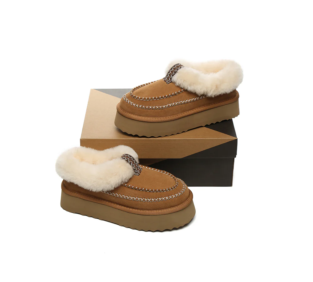 AUSTRALIAN SHEPHERD? UGG Slippers Women Sheepskin Wool Collar Ankle Platform Santana