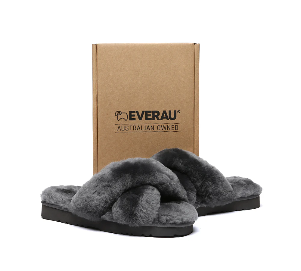 EVERAU? UGG Women Crossover Fluffy Slides Leanna