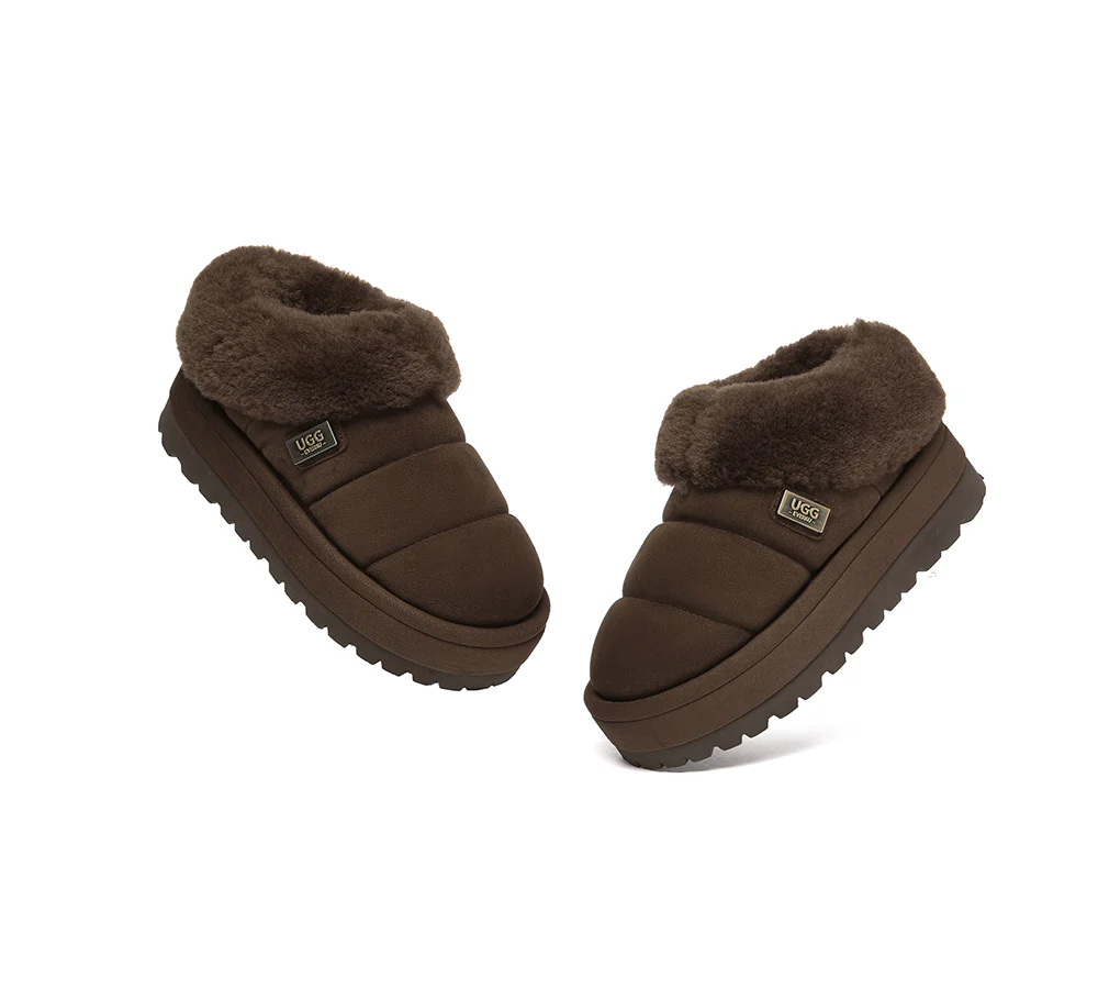 UGG EVERAU? UGG Slippers Women Sheepskin Wool Collar Ankle Platform Ulrika