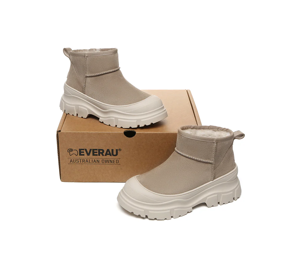 EVERAU? UGG Boots Sheepskin Wool Ankle Chunky Platform Mouni