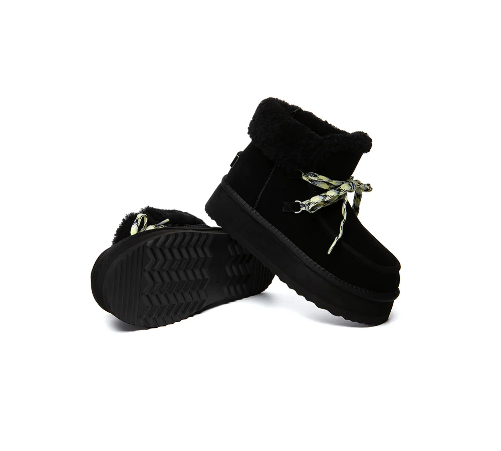 UGG EVERAU? UGG Boots Women Sheepskin Wool Lace Up Ankle Platform Honour