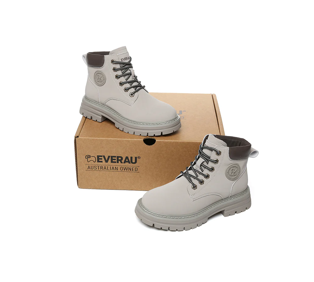 EVERAU? Women Leather Lace Up Chunky Boots Stephanie