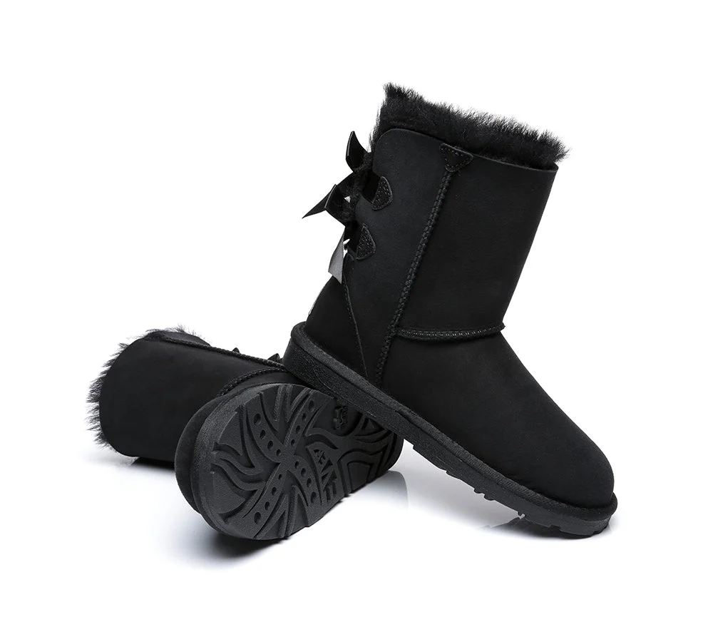 EVERAU? UGG Boots Women Sheepskin Wool Double Baily Short Back Bow