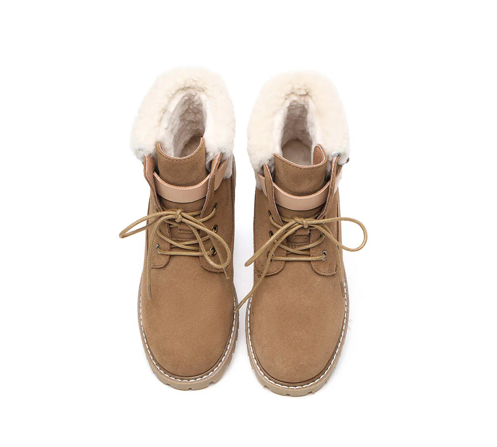 EVERAU? Women Sheepskin Wool Lace Up Fashion Boots Martin