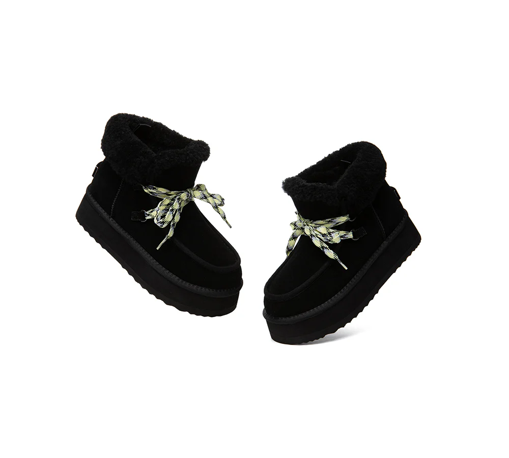 UGG EVERAU? UGG Boots Women Sheepskin Wool Lace Up Ankle Platform Honour