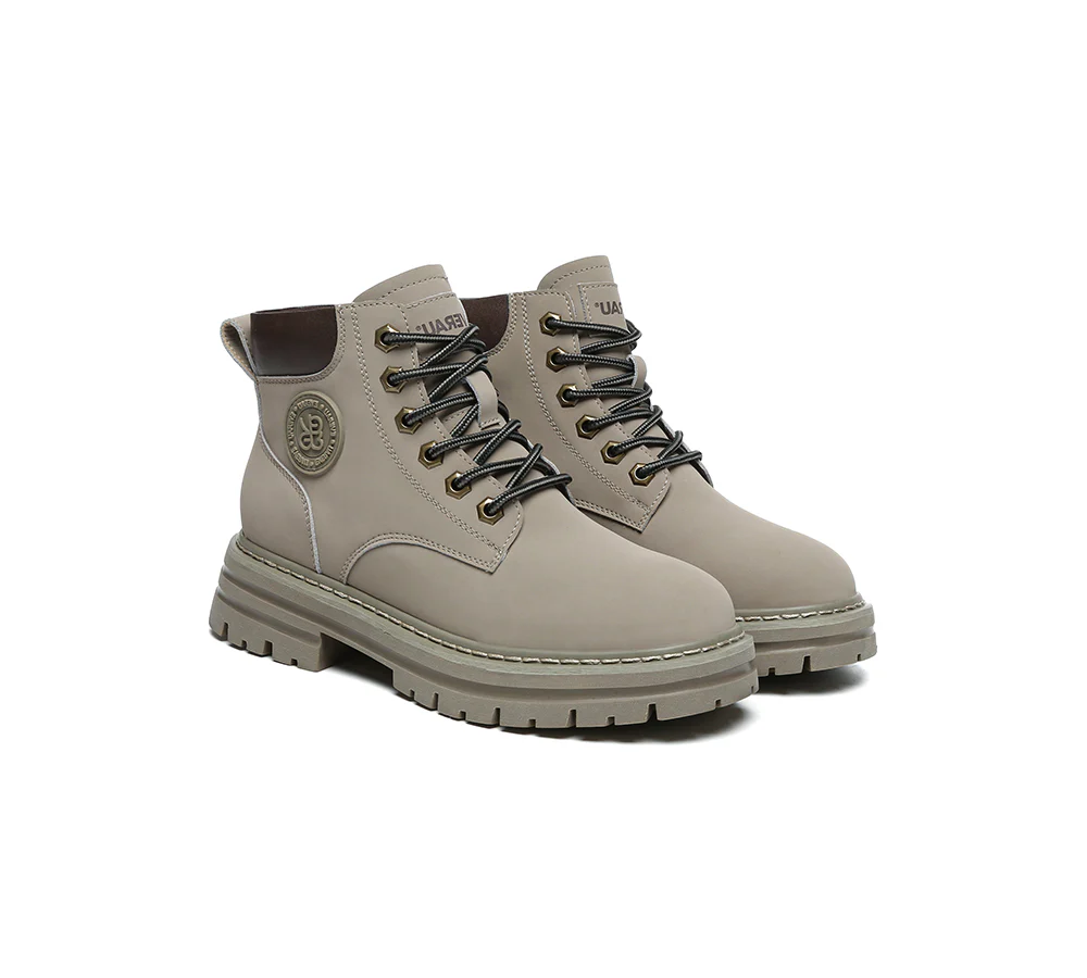 EVERAU? UGG Boots Women Leather Sheepskin Wool Lace Up Chunky Aubrey