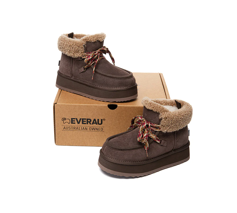 UGG EVERAU? UGG Boots Women Sheepskin Wool Lace Up Ankle Platform Honour
