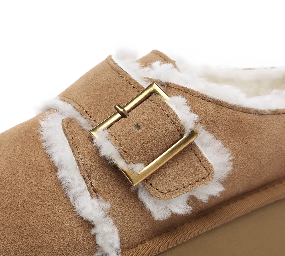 EVERAU? UGG Slippers Sheepskin Wool Adjustable Buckle Ankle Platform Tobias