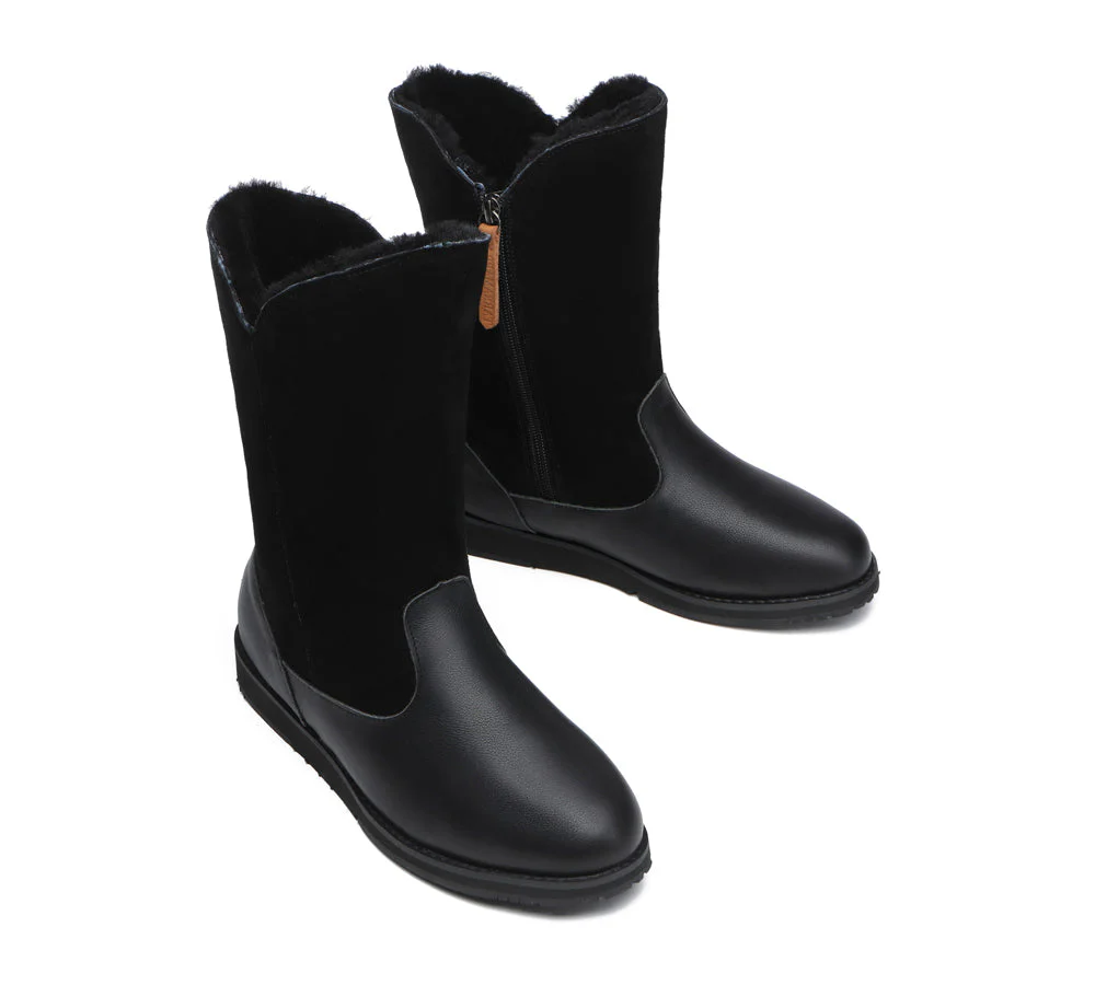 TARRAMARRA? Women Leather Sheepskin Wool Zipper Mid Calf Boots Bryanna