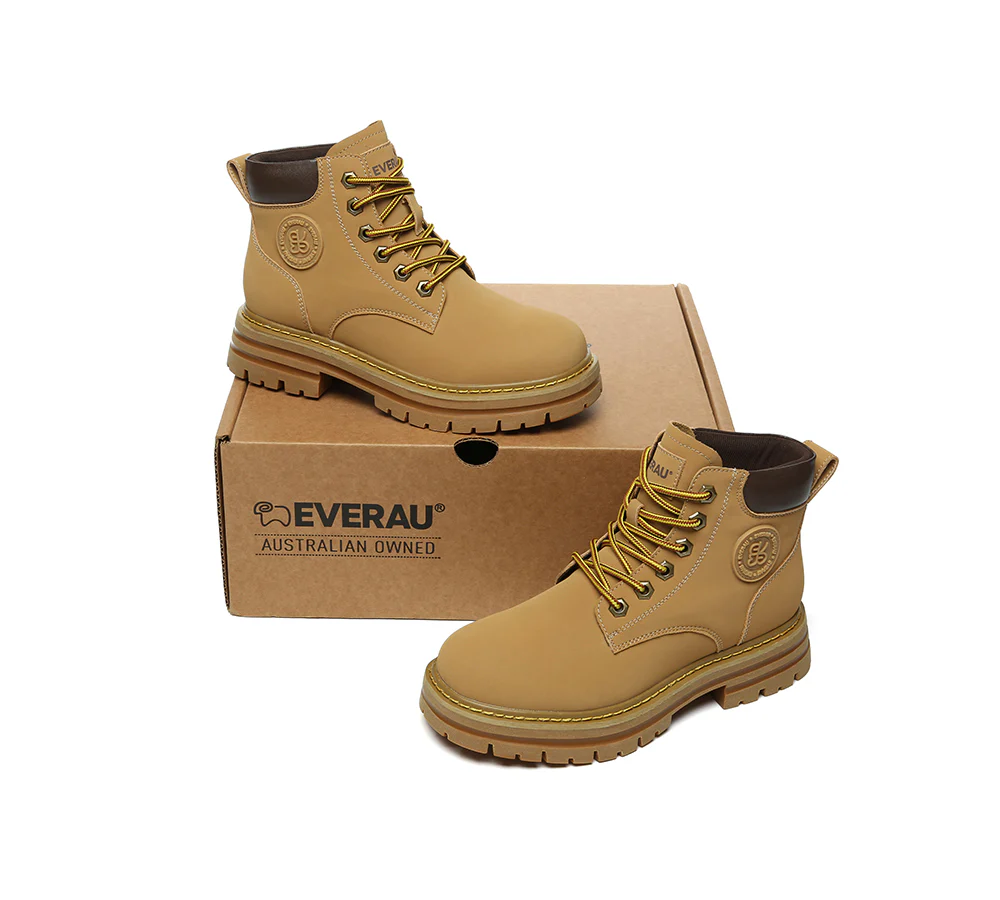 EVERAU? UGG Boots Women Leather Sheepskin Wool Lace Up Chunky Aubrey