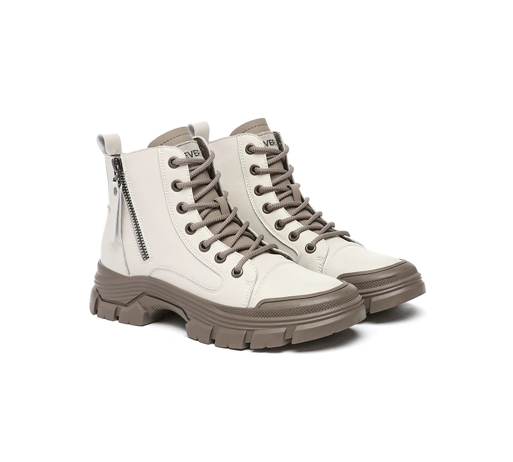 EVERAU? Women Leather Lace Up Zipper Chunky Boots Lorrin