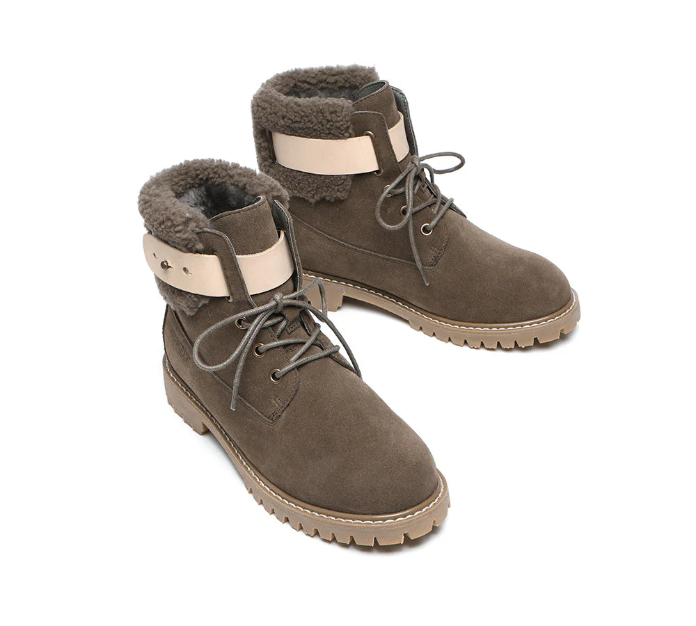 EVERAU? Women Sheepskin Wool Lace Up Fashion Boots Martin