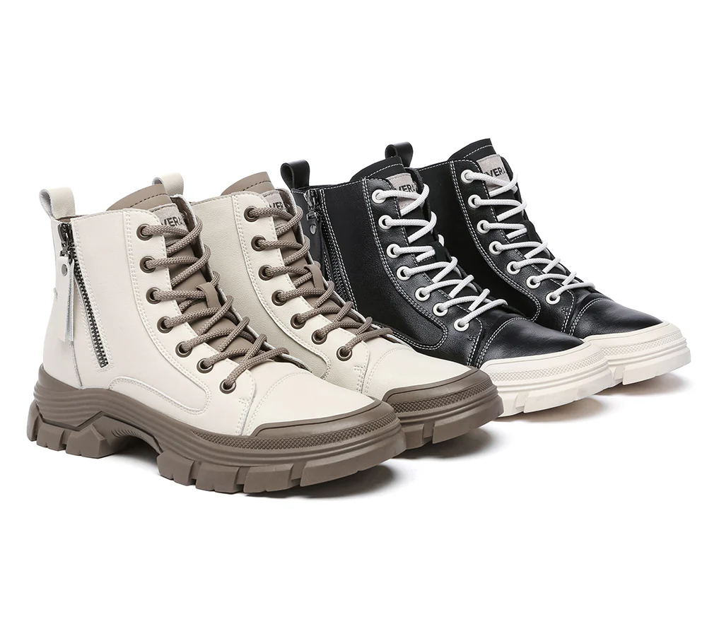 EVERAU? Women Leather Lace Up Zipper Chunky Boots Lorrin