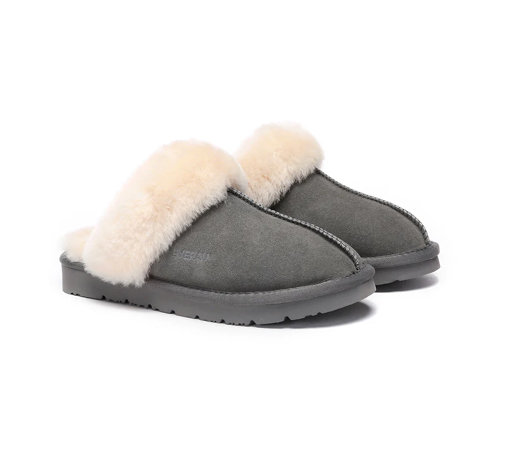 EVERAU? UGG Slippers Sheepskin Wool Suede Scuff Muffin