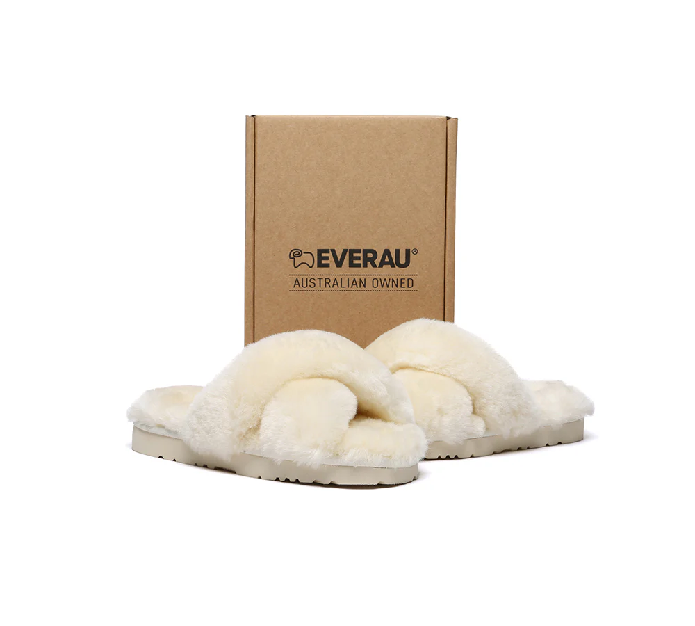 EVERAU? UGG Women Crossover Fluffy Slides Leanna