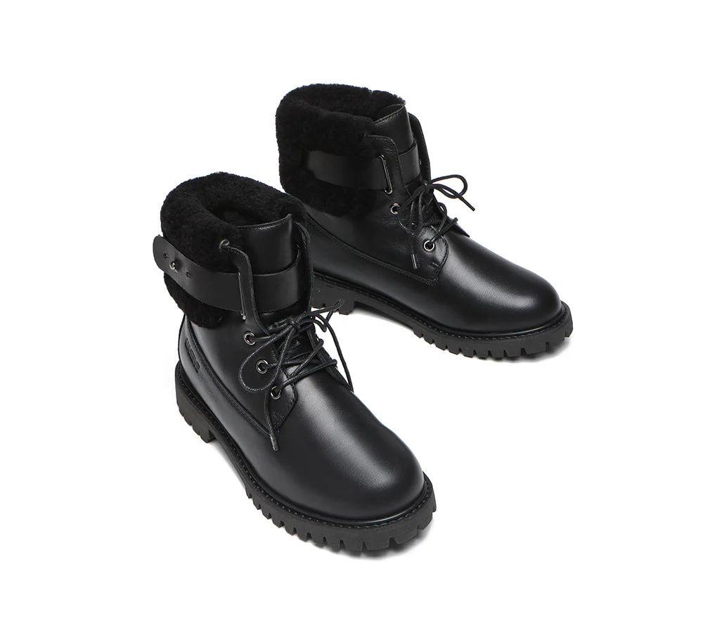 EVERAU? Women Sheepskin Wool Lace Up Fashion Boots Martin