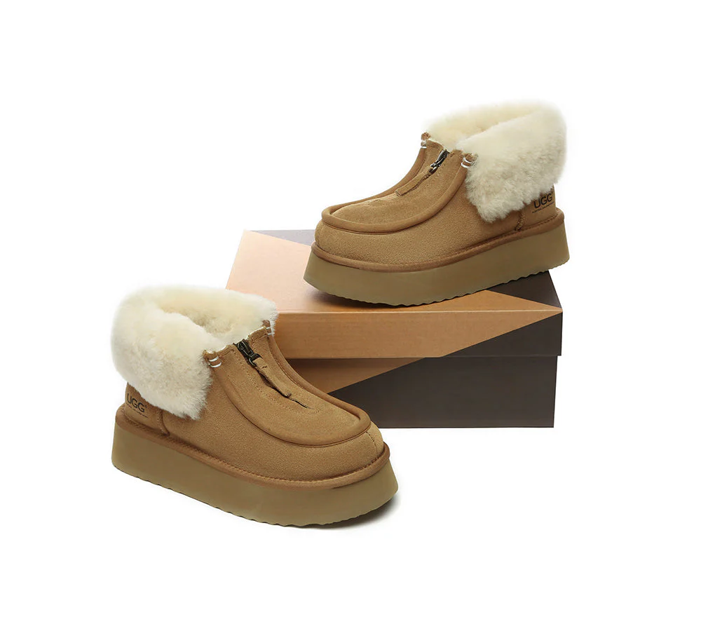 AUSTRALIAN SHEPHERD? UGG Boots Sheepskin Wool Collar Zipper Platform Ankle Boots