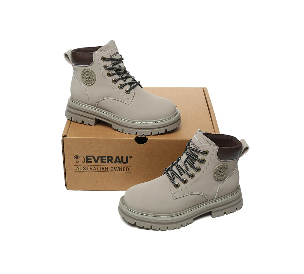 EVERAU? UGG Boots Women Leather Sheepskin Wool Lace Up Chunky Aubrey