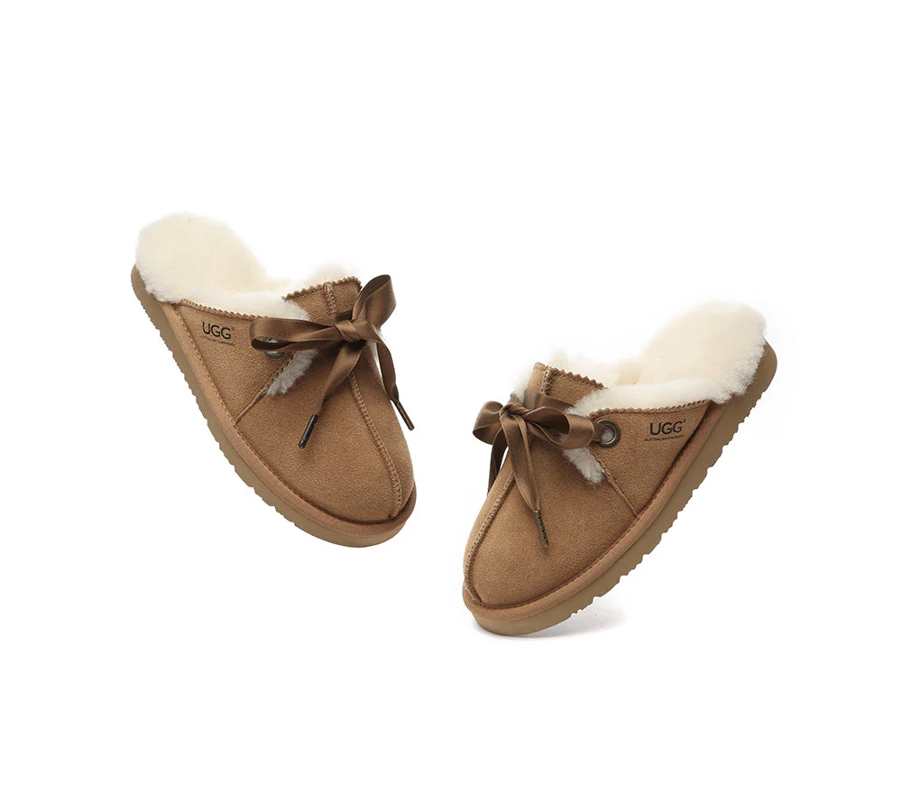 AUSTRALIAN SHEPHERD? UGG Slippers Women Sheepskin Wool Adjustable Ribbon Bow Ruby