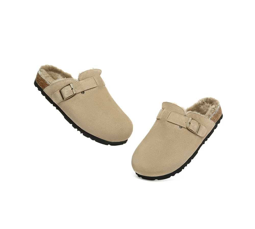 EVERAU? UGG Slippers Sheepskin Wool Adjustable Strap Clog Hazco