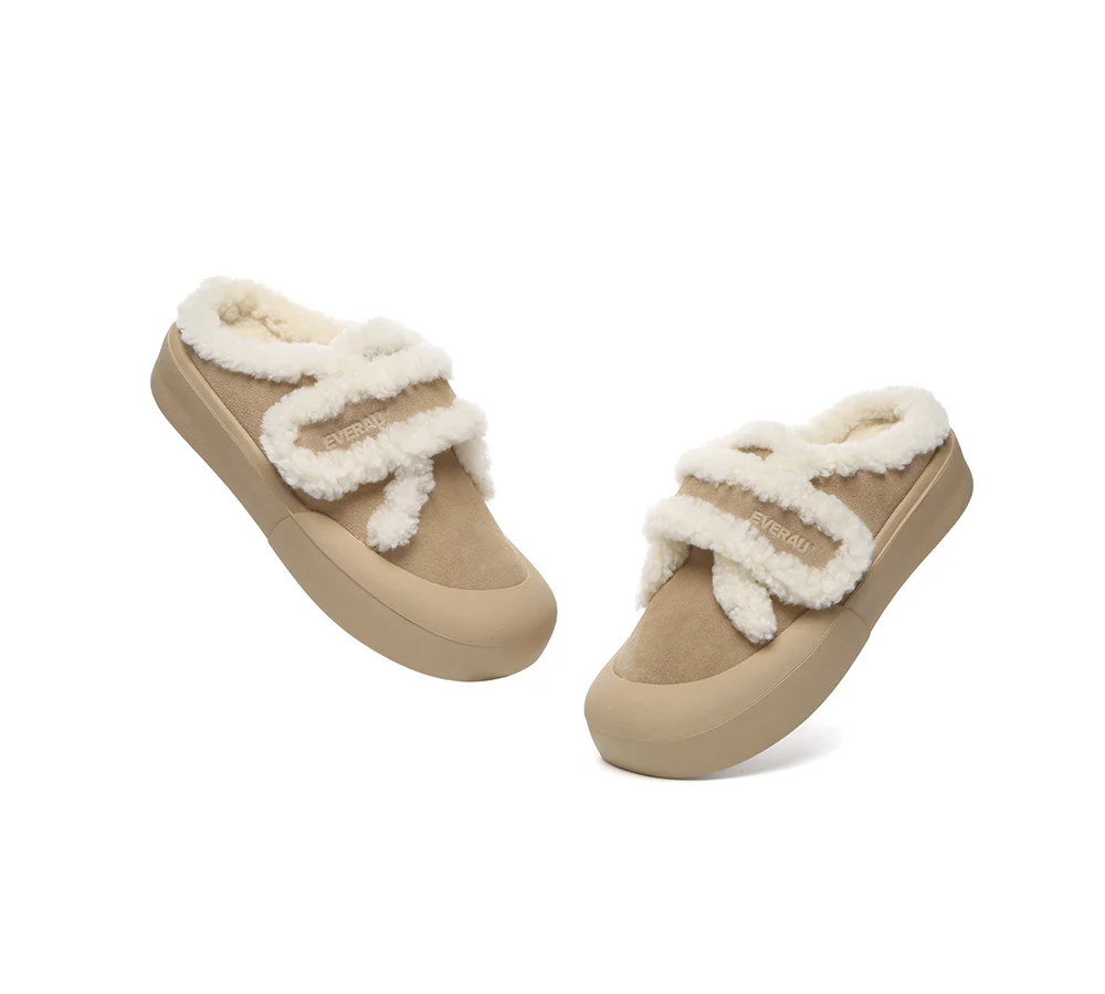 EVERAU? UGG Slippers Women Sheepskin Wool Adjustable Strap Shearling Lined Stacia