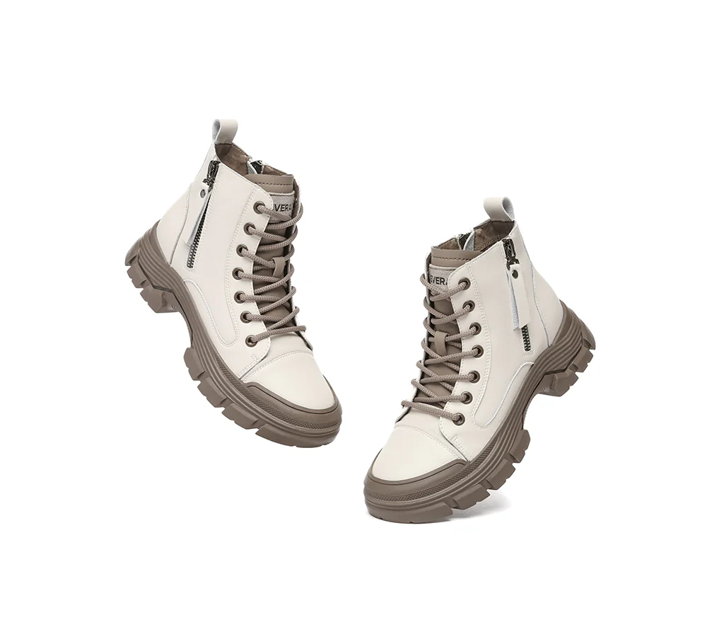 EVERAU? Women Leather Lace Up Zipper Chunky Boots Lorrin