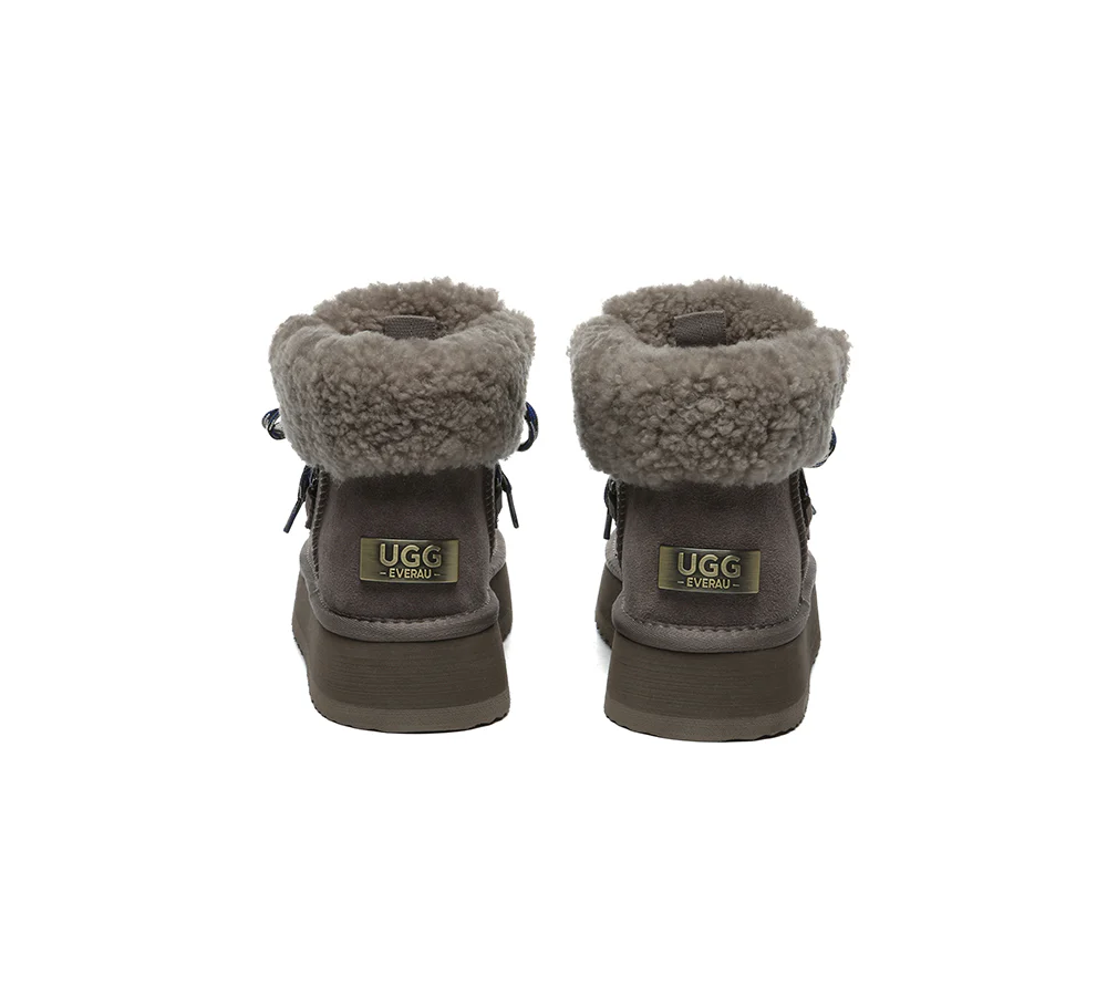 UGG EVERAU? UGG Boots Women Sheepskin Wool Lace Up Ankle Platform Honour